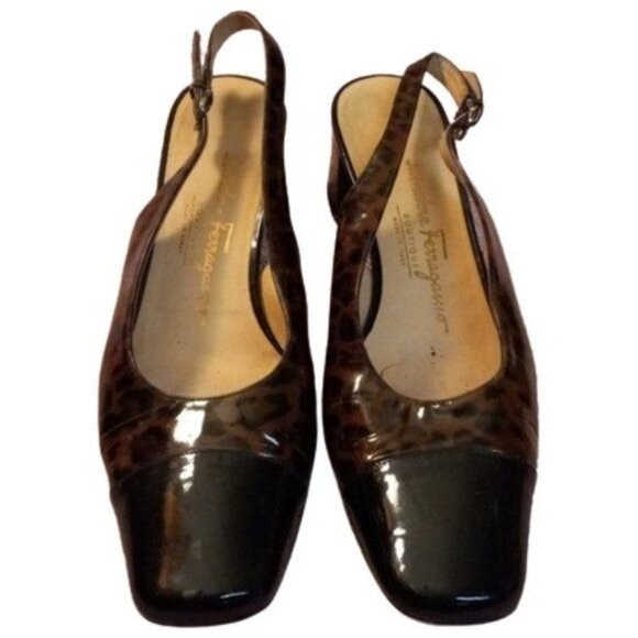 Salvatore Ferragamo C40 8 B Italy Leopard Print Patent Leather Slingback Heels - Picture 1 of 9